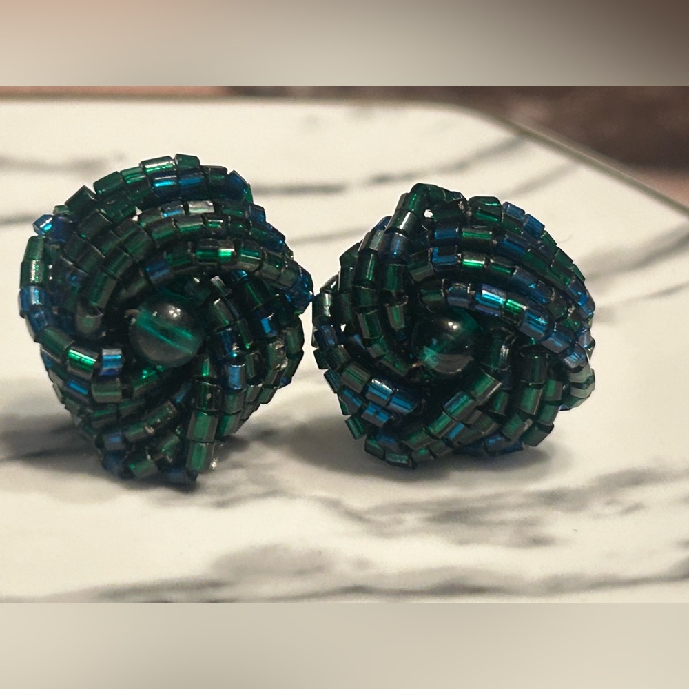 Vintage Clip On Earrings Blue/Green Beaded